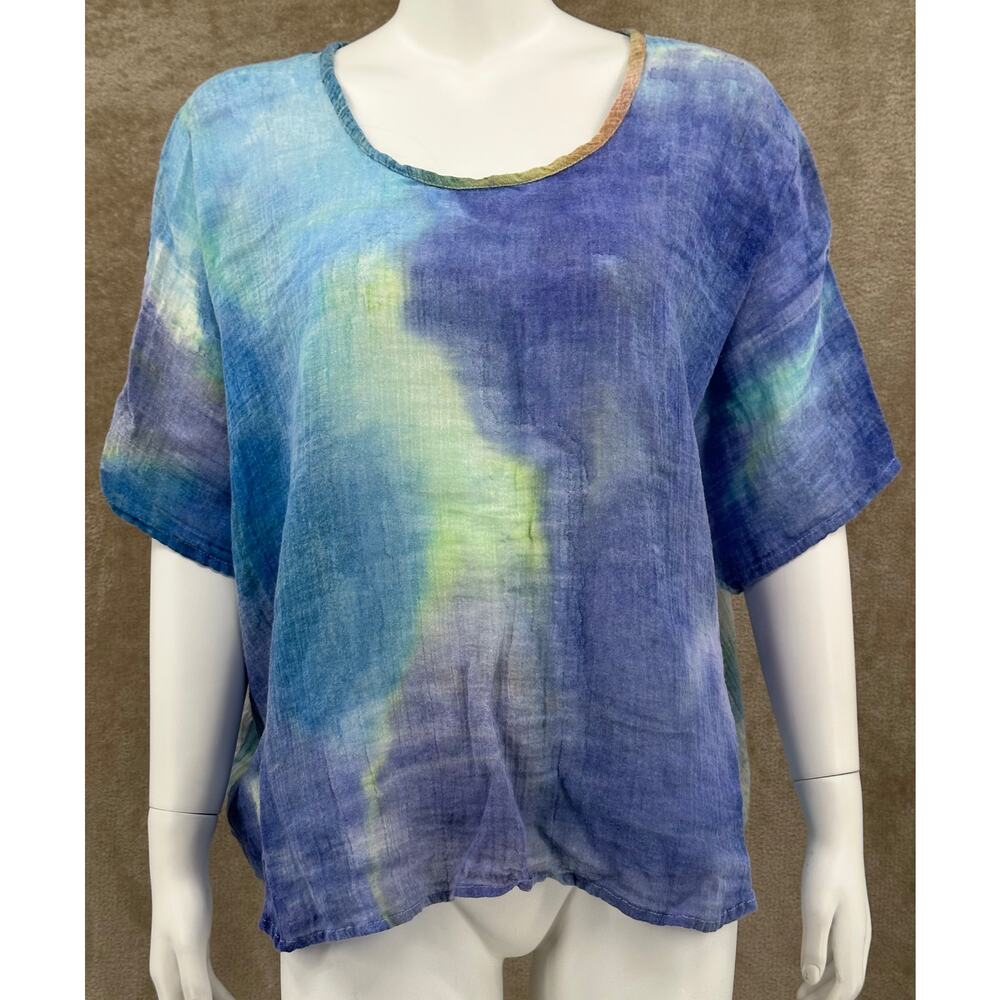 Sucesos Top Womens Large XL Blue Watercolor Artsy Sheer Beachy Hand Painted